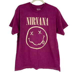 Officially Licensed Nirvana Nevermind Smiley Grunge Tee Magenta Acid Wash Large